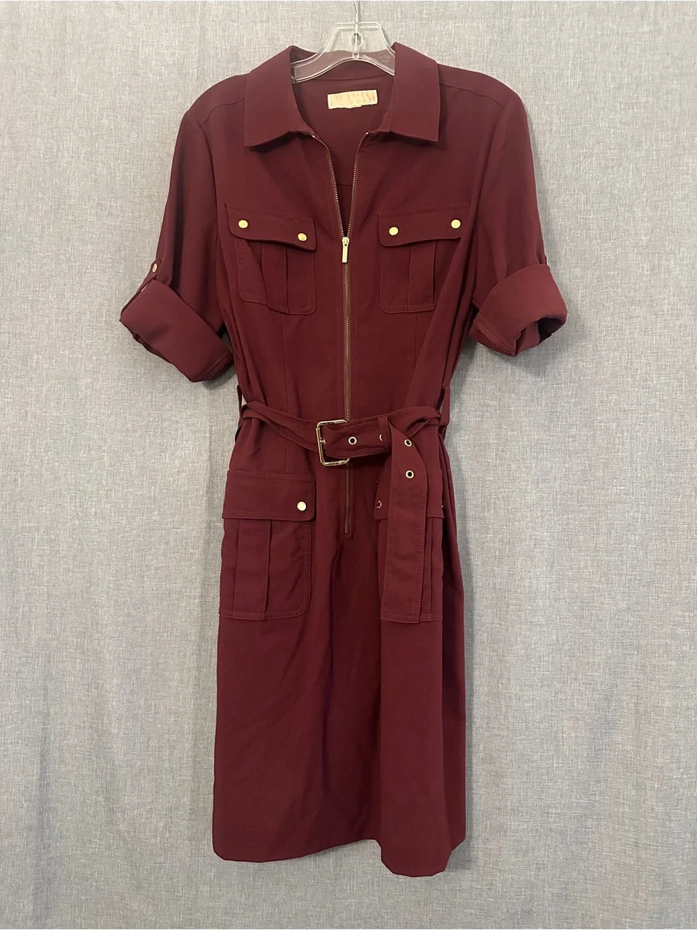Michael Kors Burgundy Utility Midi Dress with Belt